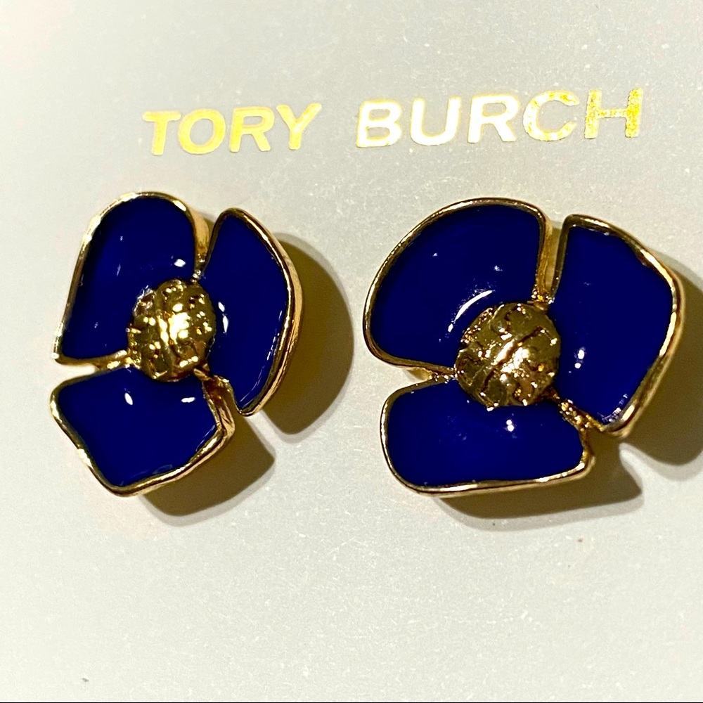 Tory Burch Purple Blue Flower logo Earrings Studs NEW